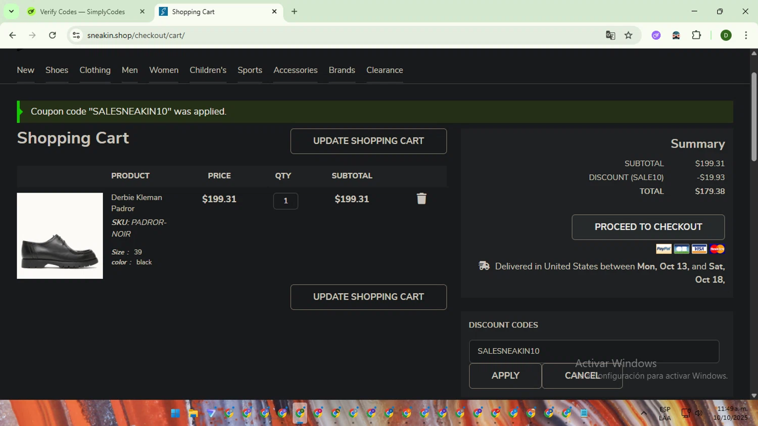 Sneakin checkout page showing Sneakin discount code box | Screenshot taken by SimplyCodes community member on Oct 10, 2025