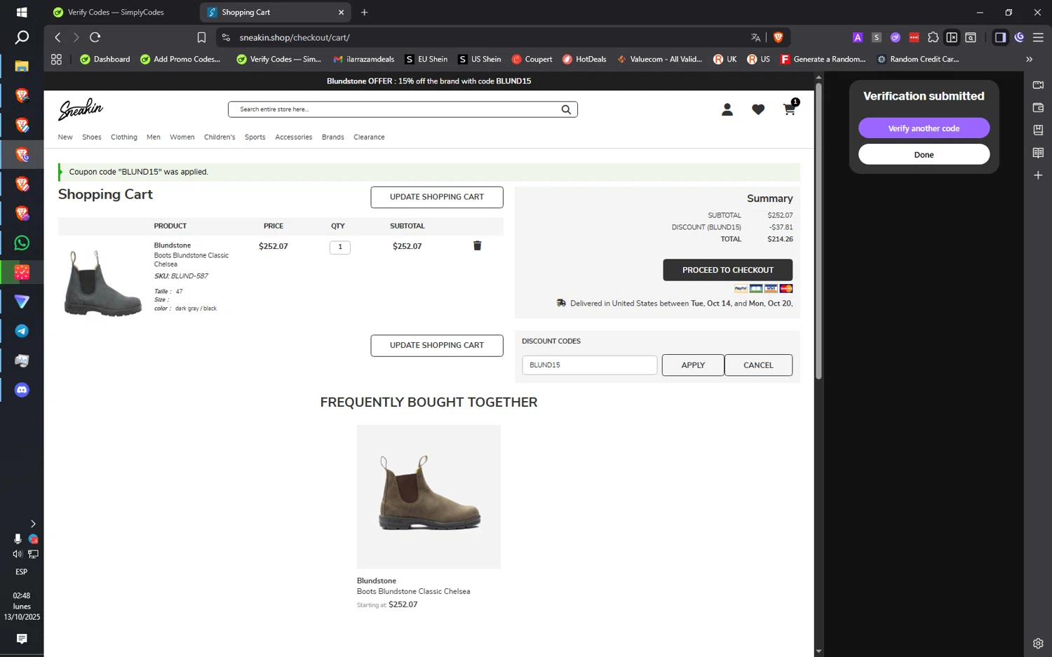 Sneakin checkout page showing Sneakin discount code box | Screenshot taken by SimplyCodes community member on Oct 13, 2025