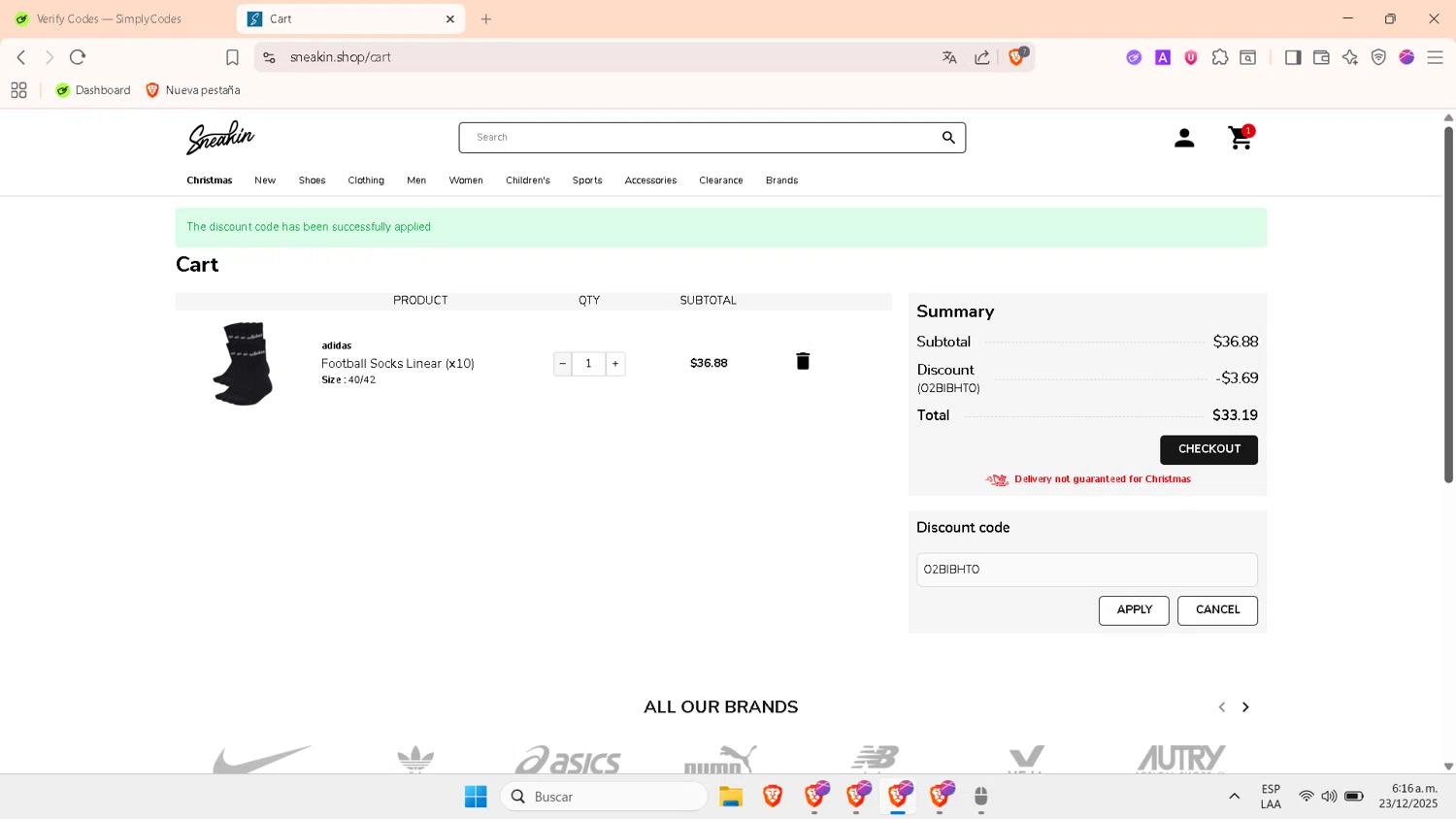 Sneakin checkout page showing Sneakin discount code box | Screenshot taken by SimplyCodes community member on Dec 23, 2025