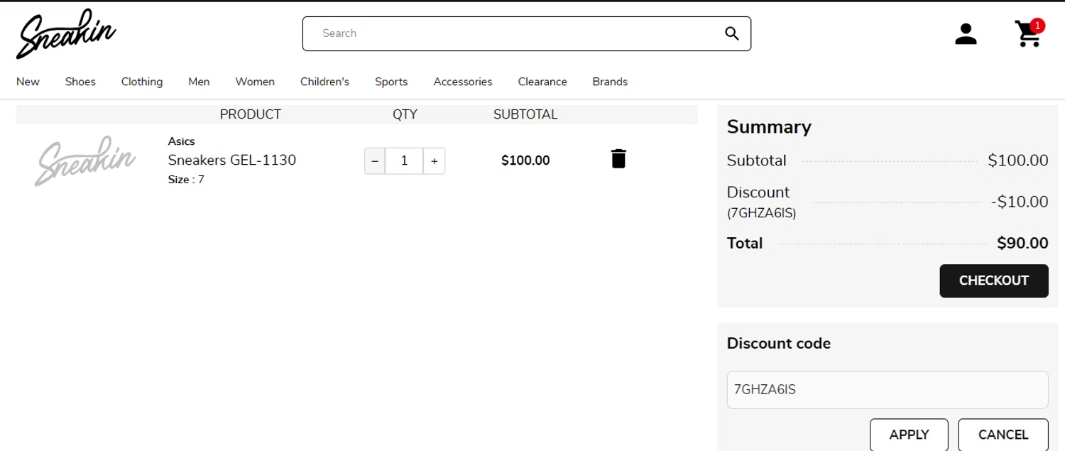 Sneakin discount code screenshot showing code 7GHZA6IS applied at Sneakin checkout page. Uploaded by SimplyCodes community member SilverMakeup on Feb 17, 2026