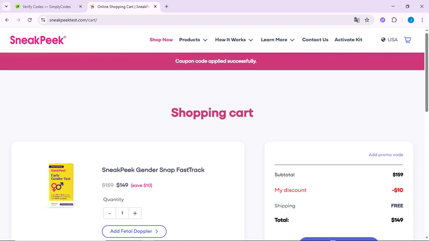 SneakPeek Test promo code screenshot showing code SIA10 applied at SneakPeek Test checkout page. Uploaded by SimplyCodes community member CodeLynx3161 on May 30, 2025