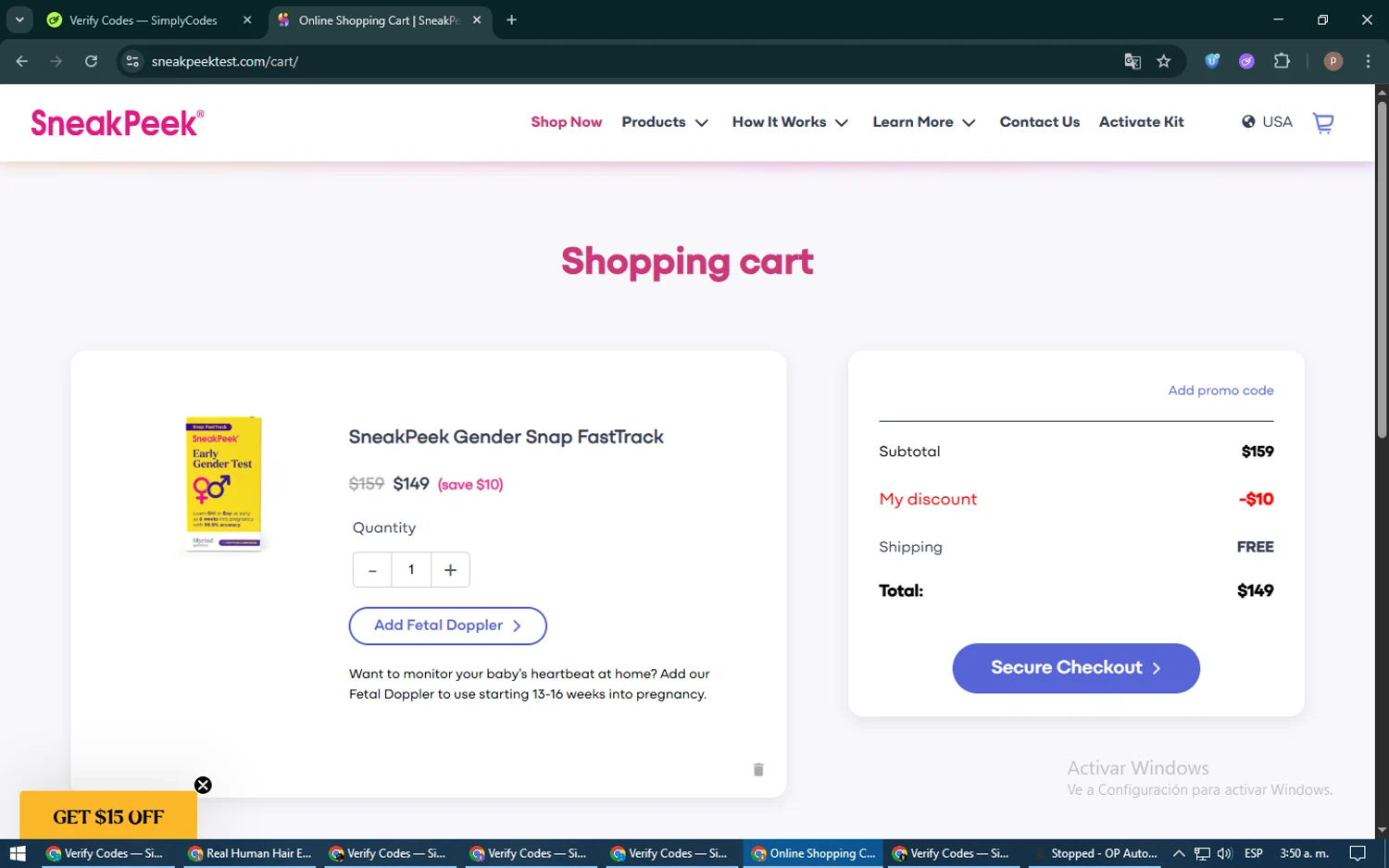 SneakPeek Test promo code screenshot showing code SIA10 applied at SneakPeek Test checkout page. Uploaded by SimplyCodes community member RoyalSleuth6331 on Jun 12, 2025