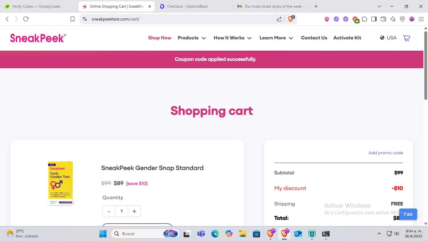 SneakPeek Test promo code screenshot showing code SIA10 applied at SneakPeek Test checkout page. Uploaded by SimplyCodes community member SapeGato on Jun 26, 2025