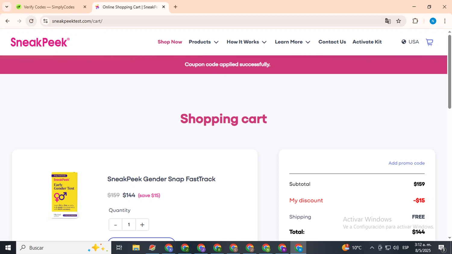 SneakPeek Test promo code screenshot showing code GENDER15 applied at SneakPeek Test checkout page. Uploaded by SimplyCodes community member CoinHawk678 on May 8, 2025