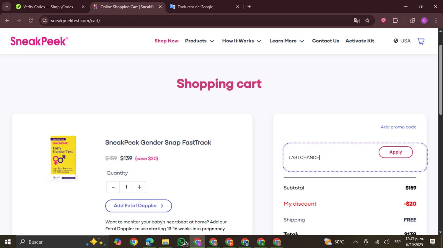 SneakPeek Test promo code screenshot showing code LASTCHANCE applied at SneakPeek Test checkout page. Uploaded by SimplyCodes community member FrugalPro5078 on Oct 6, 2025