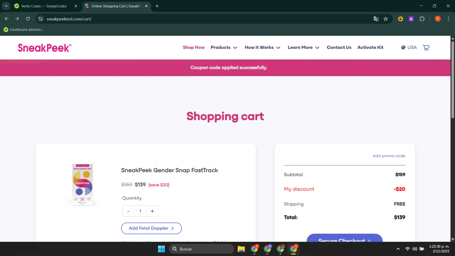 SneakPeek Test promo code screenshot showing code LASTCHANCE applied at SneakPeek Test checkout page. Uploaded by SimplyCodes community member LuckyShopper9694 on Nov 2, 2025