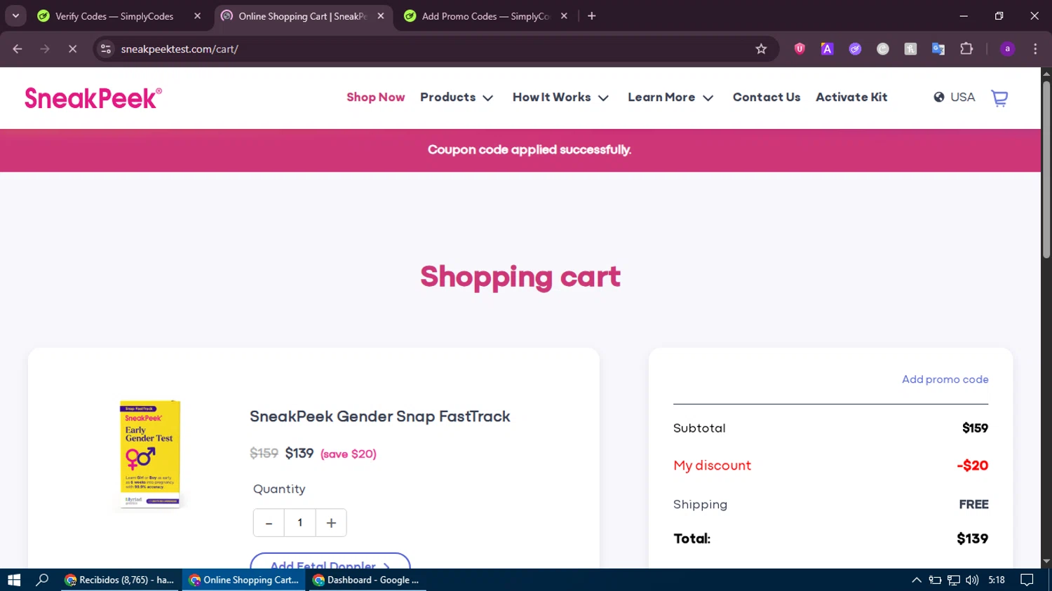 SneakPeek Test promo code screenshot showing code SAVENOW applied at SneakPeek Test checkout page. Uploaded by SimplyCodes community member thethru on Jul 16, 2025