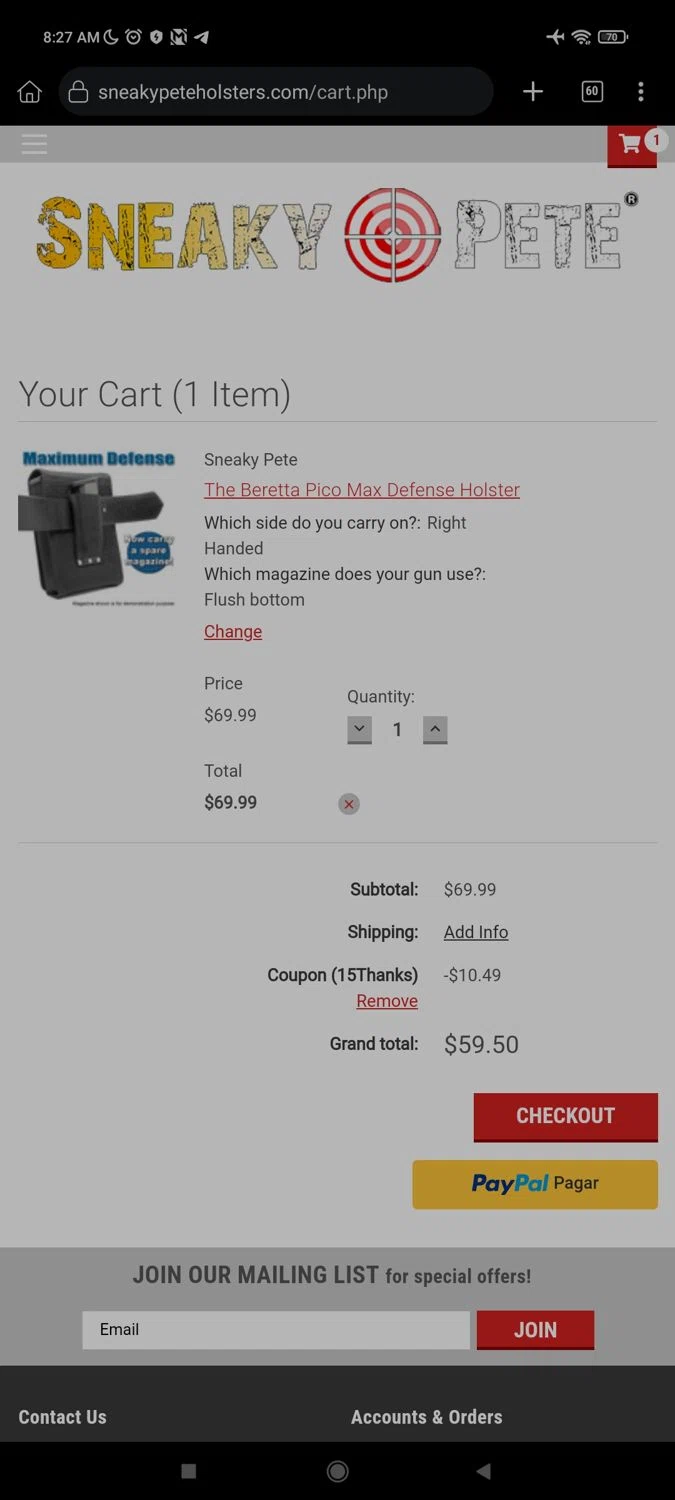 where to use Sneaky Pete Holsters promo code box