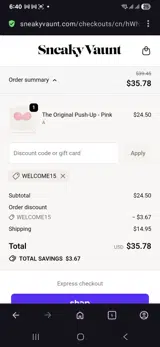 Welcome15 coupon verification screenshot