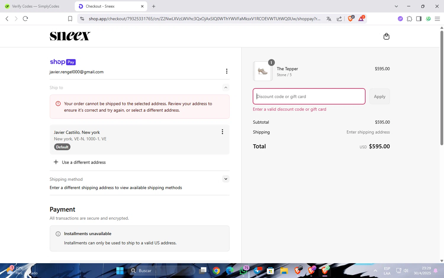 Sneex discount code screenshot showing code jq9229 applied at Sneex checkout page. Uploaded by SimplyCodes community member Widopalacios on May 1, 2025