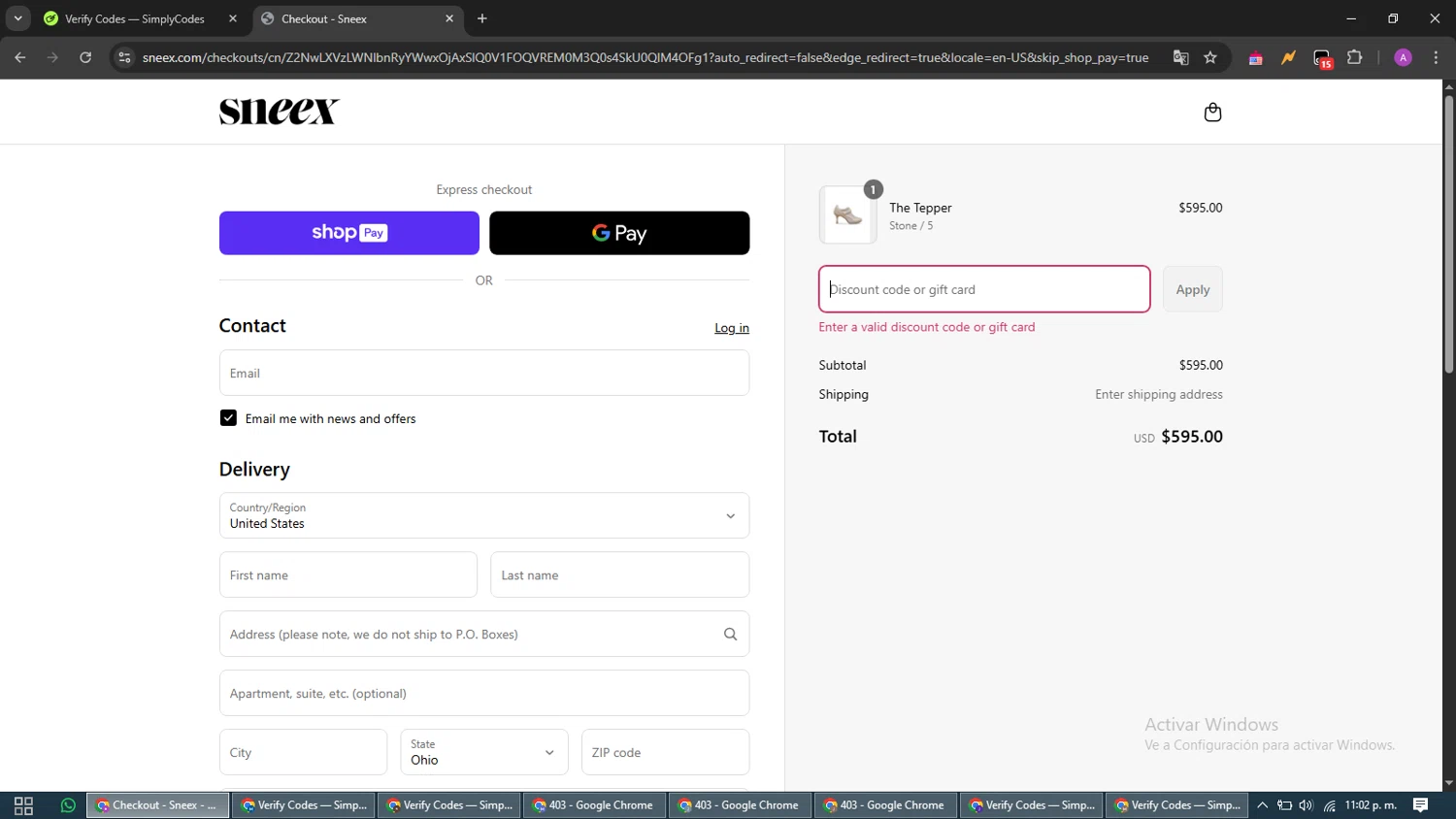 Sneex discount code screenshot showing code jq9229 applied at Sneex checkout page. Uploaded by SimplyCodes community member CouponScout5403 on May 1, 2025