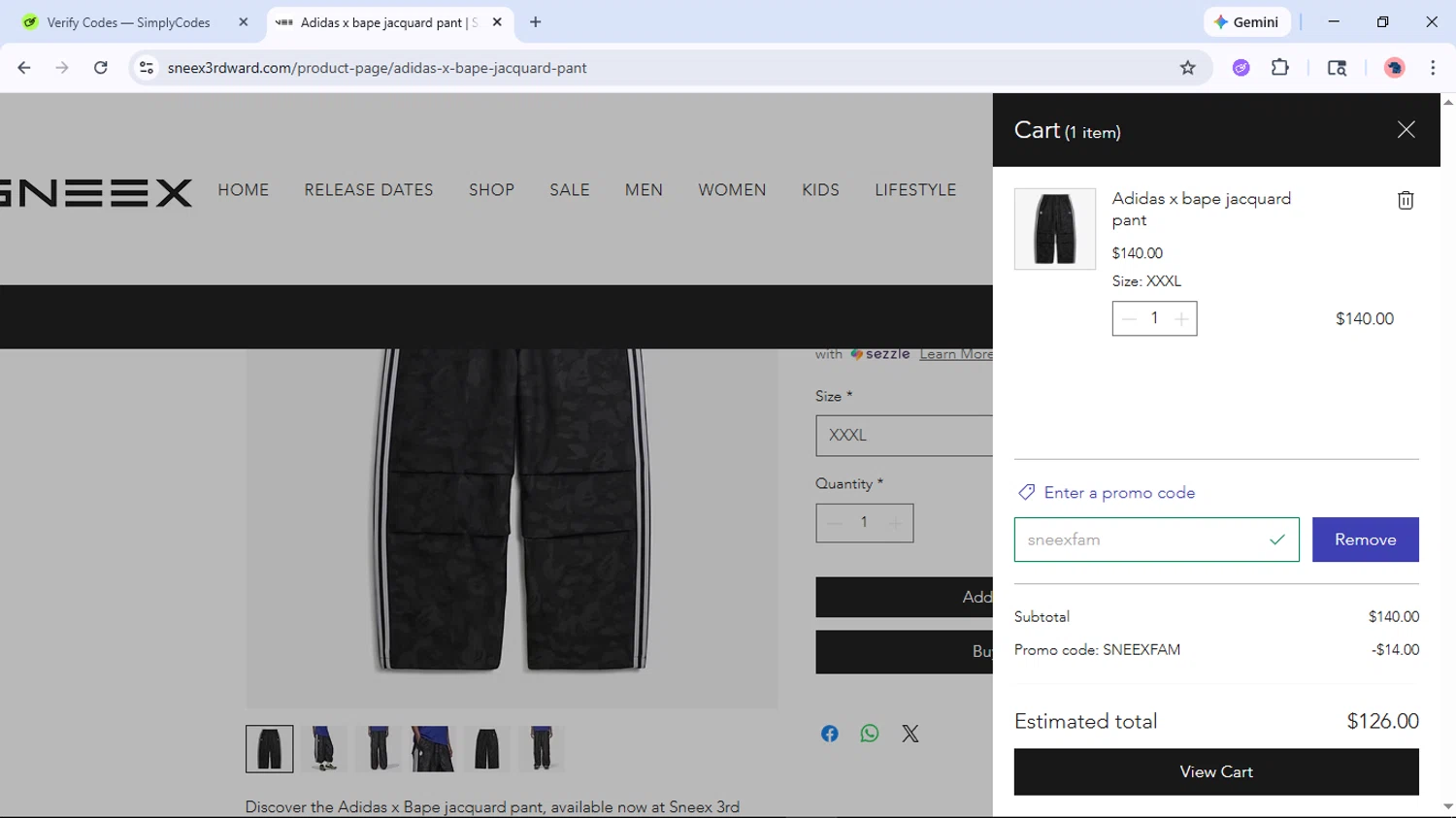 SNEEX 3RD WARD checkout page showing SNEEX 3RD WARD promo code box | Screenshot taken by SimplyCodes community member on Feb 16, 2026