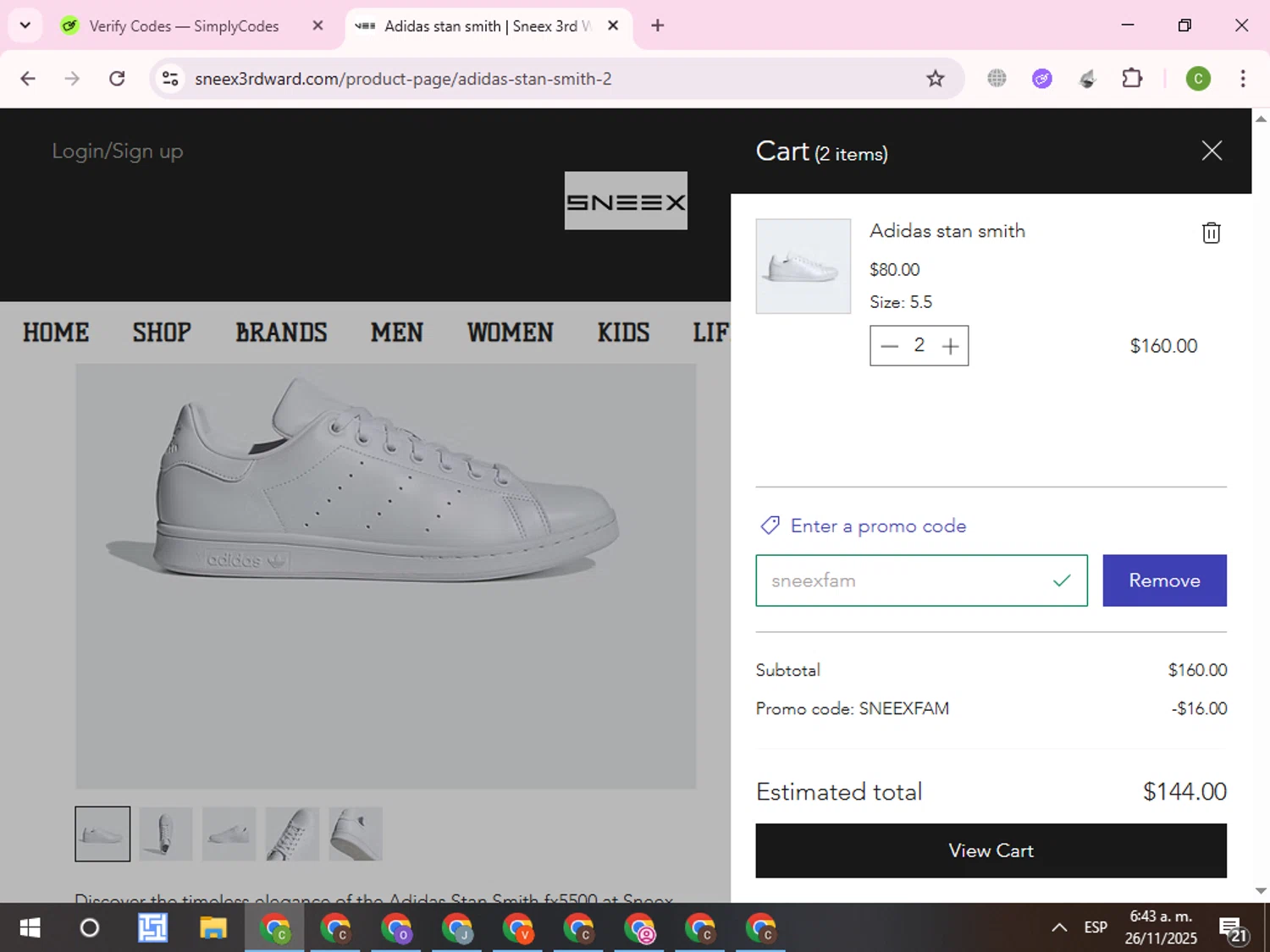 SNEEX 3RD WARD promo code screenshot showing code SNEEXFAM applied at SNEEX 3RD WARD checkout page. Uploaded by SimplyCodes community member RoyalKnight4673 on Nov 26, 2025