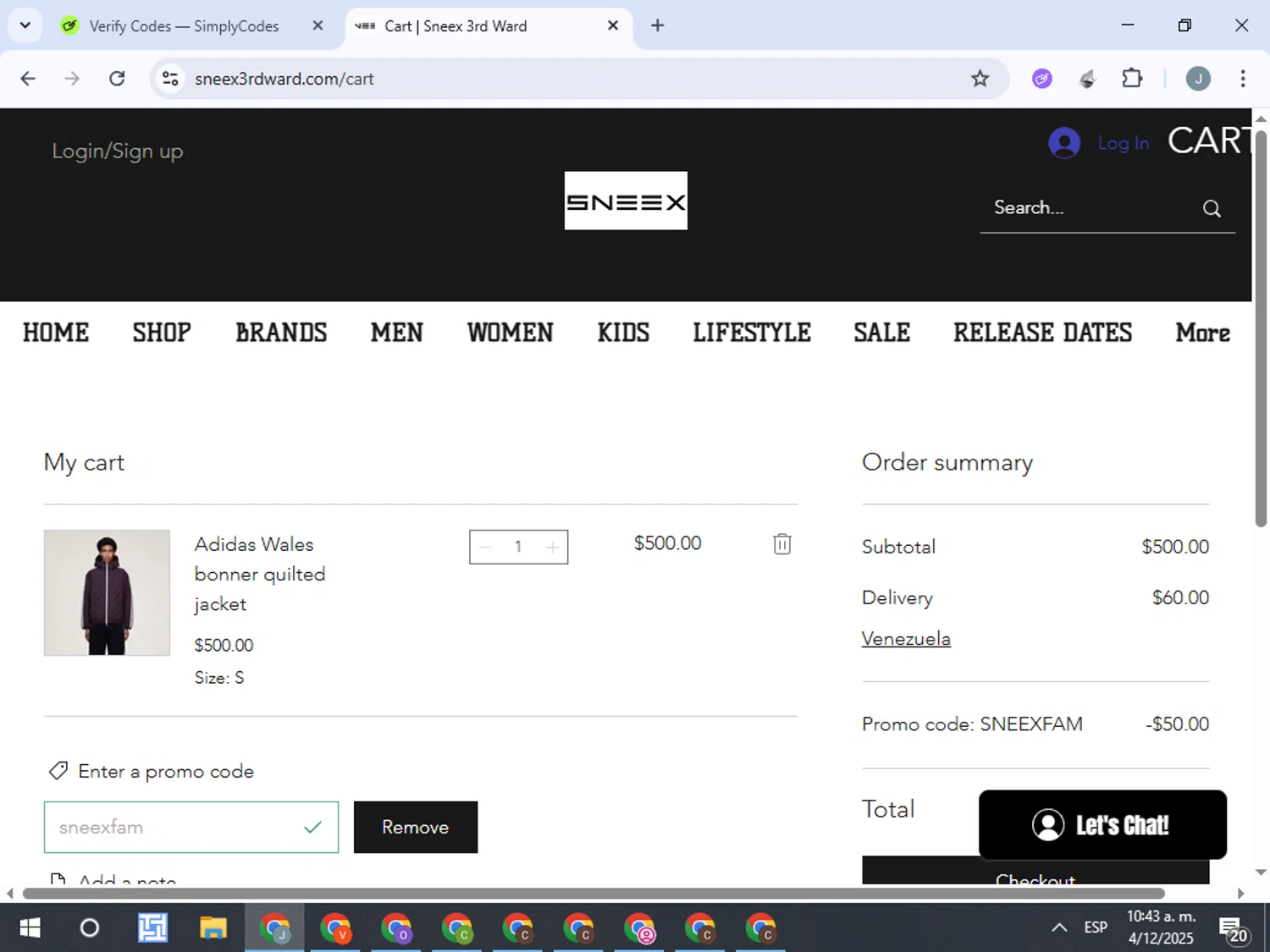SNEEX 3RD WARD promo code screenshot showing code SNEEXFAM applied at SNEEX 3RD WARD checkout page. Uploaded by SimplyCodes community member ValueTracker8384 on Dec 4, 2025