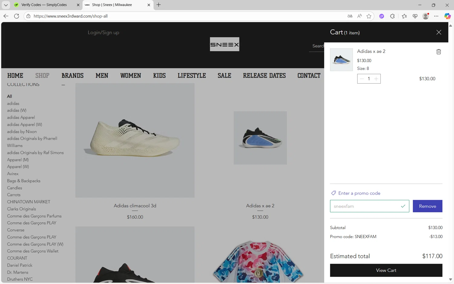 SNEEX 3RD WARD promo code screenshot showing code SNEEXFAM applied at SNEEX 3RD WARD checkout page. Uploaded by SimplyCodes community member juan1702 on Oct 27, 2025