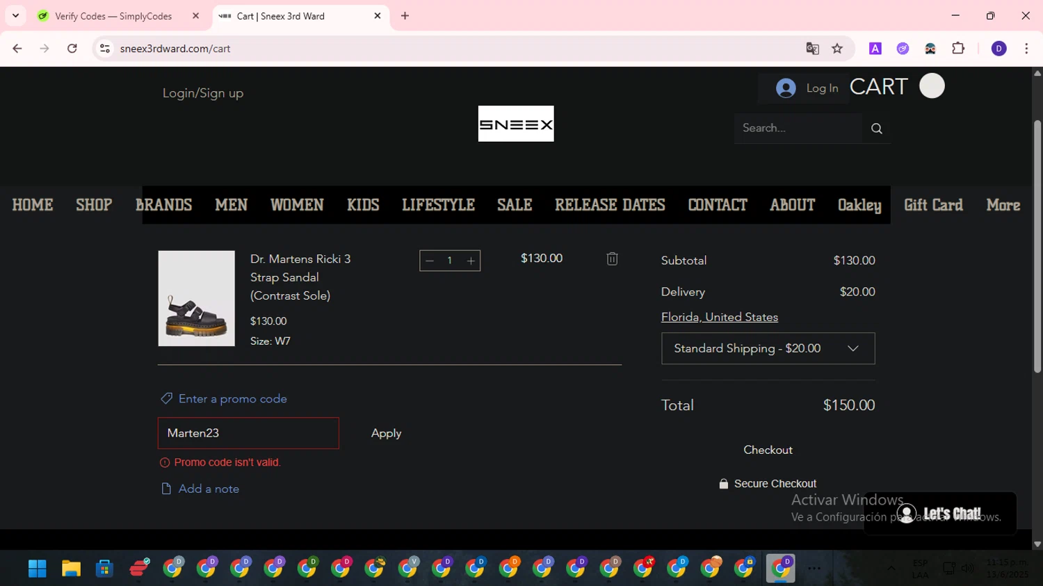 SNEEX 3RD WARD promo code screenshot showing code Marten23 applied at SNEEX 3RD WARD checkout page. Uploaded by SimplyCodes community member WonderLion2890 on Jun 14, 2025