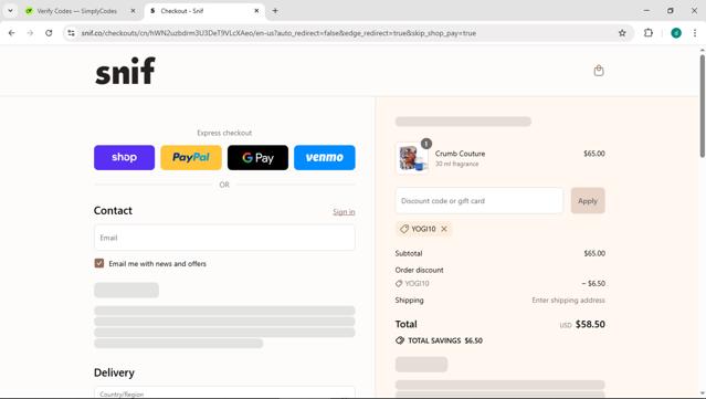 Snif checkout page showing Snif discount code box | Screenshot taken by SimplyCodes community member on Sep 13, 2025