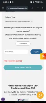SNiP Nutrigenomics coupon verification screenshot