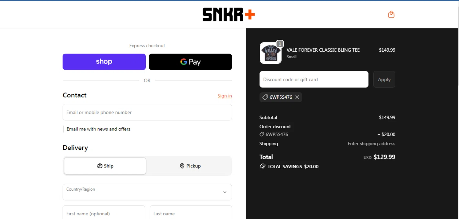 SNKR+ promo code screenshot showing code 6WP5S476 applied at SNKR+ checkout page. Uploaded by SimplyCodes community member HUNTER1406 on Jun 21, 2026