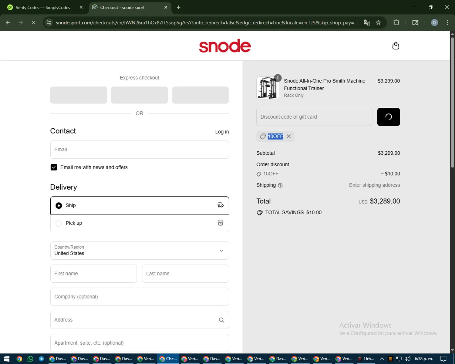 Snode Sport promo code screenshot showing code 10OFF applied at Snode Sport checkout page. Uploaded by SimplyCodes community member CleverCurator2558 on Aug 22, 2025