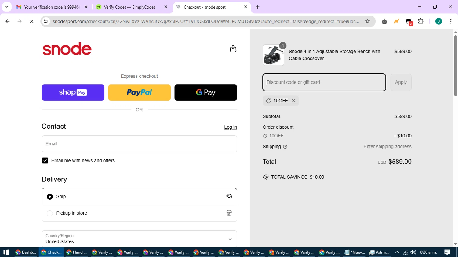 Snode Sport promo code screenshot showing code 10OFF applied at Snode Sport checkout page. Uploaded by SimplyCodes community member SavvyCurator1770 on Mar 27, 2025