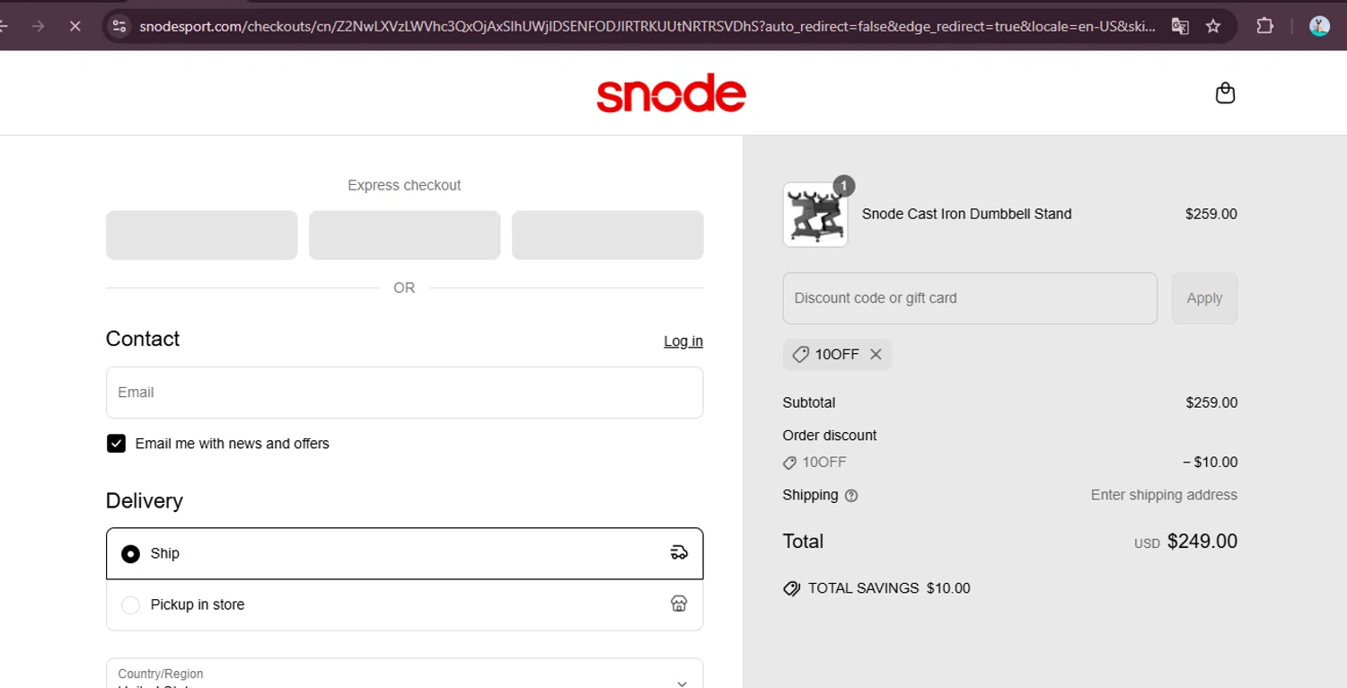 Snode Sport promo code screenshot showing code 10OFF applied at Snode Sport checkout page. Uploaded by SimplyCodes community member elgatobravo on Jun 15, 2025