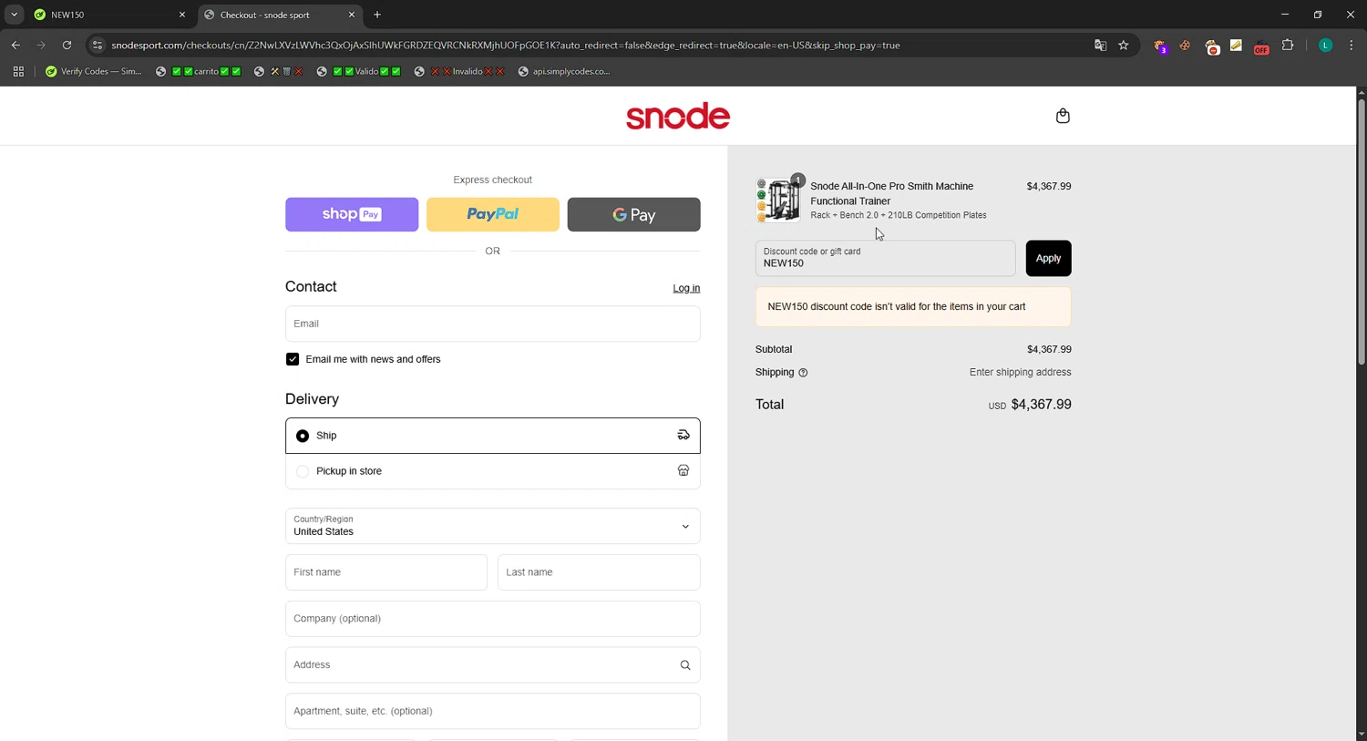 Snode Sport promo code screenshot showing code NEW150 applied at Snode Sport checkout page. Uploaded by SimplyCodes community member CrownBoss2710 on Jun 15, 2025