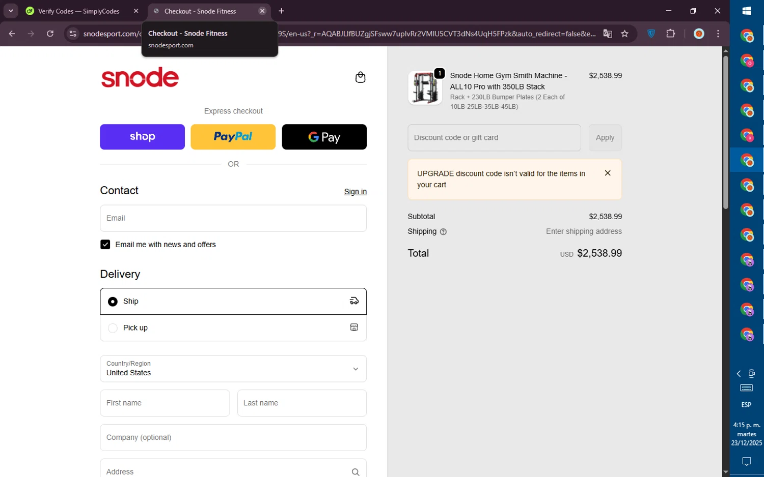 Snode Sport promo code screenshot showing code UPGRADE applied at Snode Sport checkout page. Uploaded by SimplyCodes community member PromoVoyager8446 on Dec 23, 2025