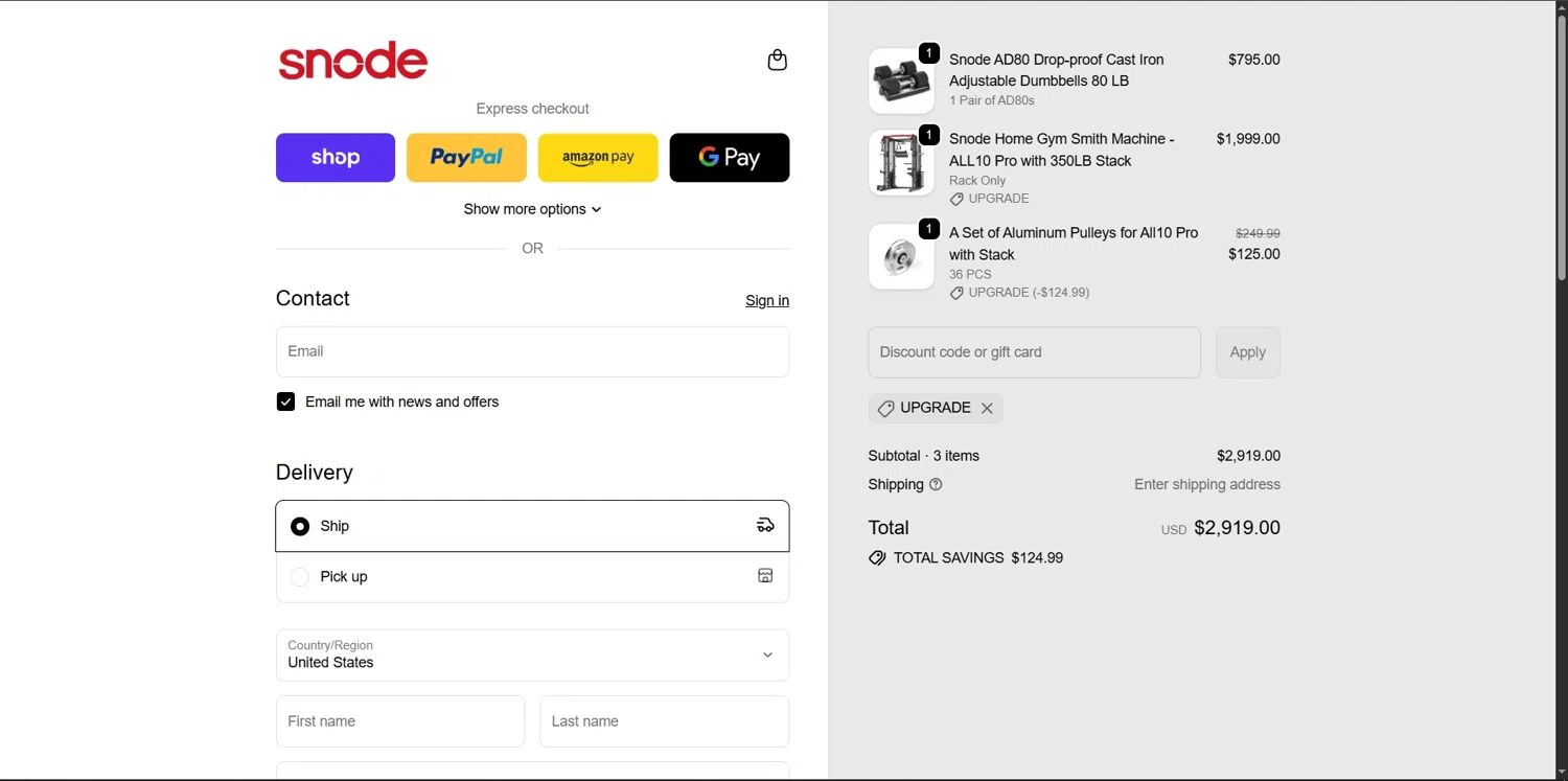 Snode Sport promo code screenshot showing code UPGRADE applied at Snode Sport checkout page. Uploaded by SimplyCodes community member Depressive on Nov 24, 2025