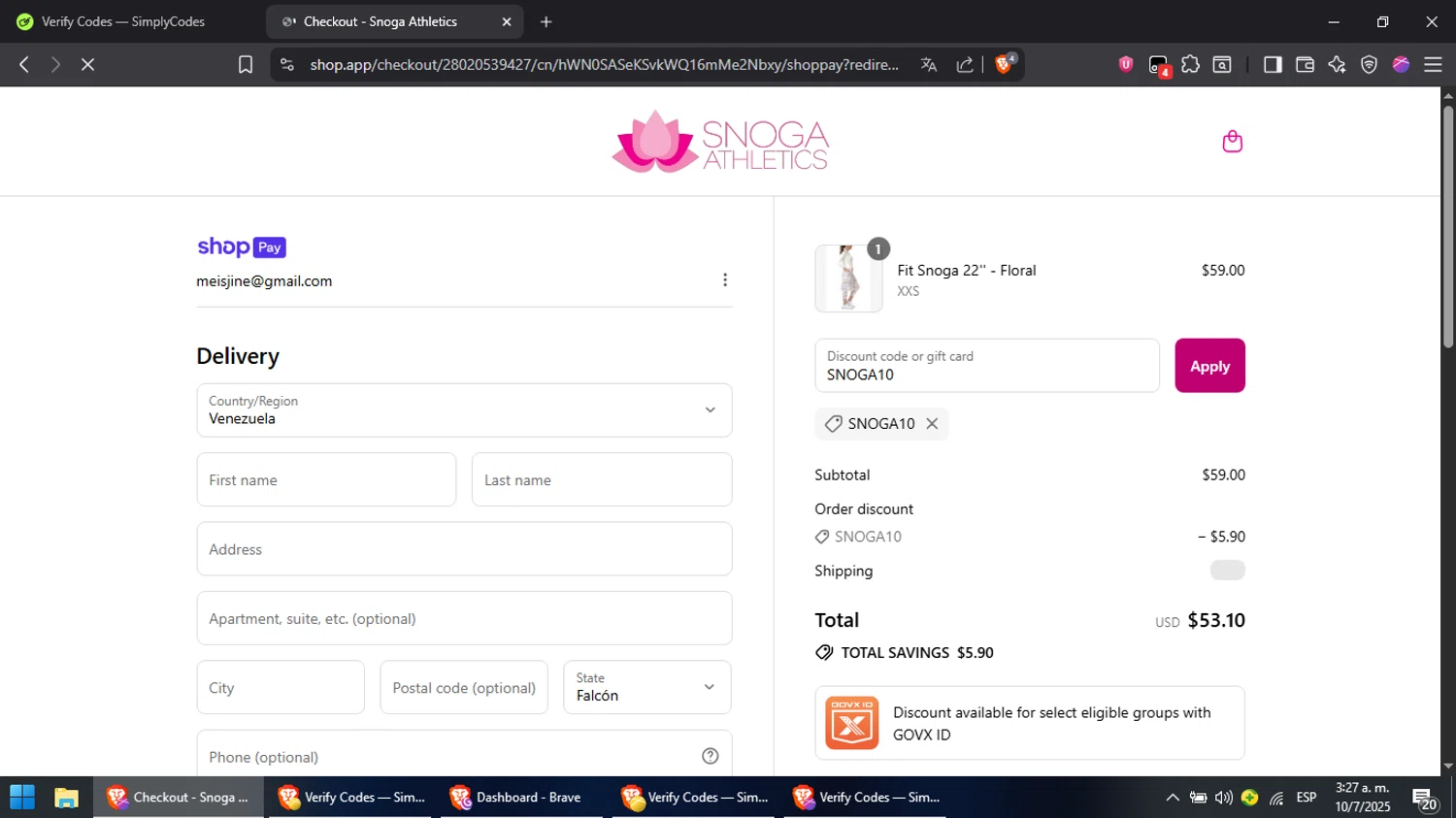 Snoga Athletics promo code screenshot showing code SNOGA10 applied at Snoga Athletics checkout page. Uploaded by SimplyCodes community member Cynoxx on Jul 10, 2025