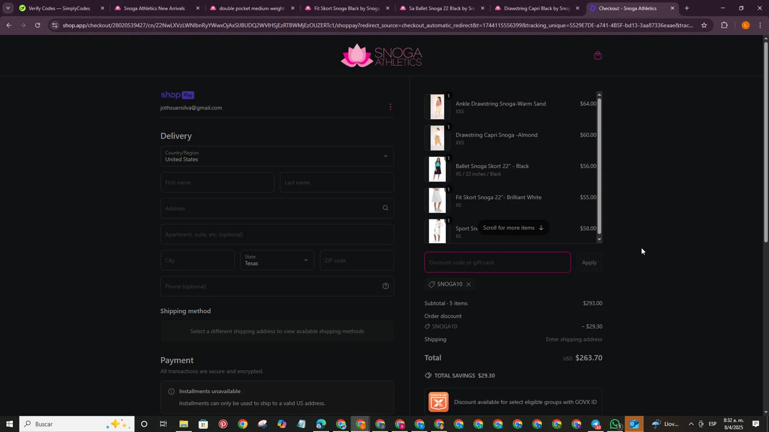 Snoga Athletics promo code screenshot showing code SNOGA10 applied at Snoga Athletics checkout page. Uploaded by SimplyCodes community member PrimeCaptain3418 on Apr 8, 2025