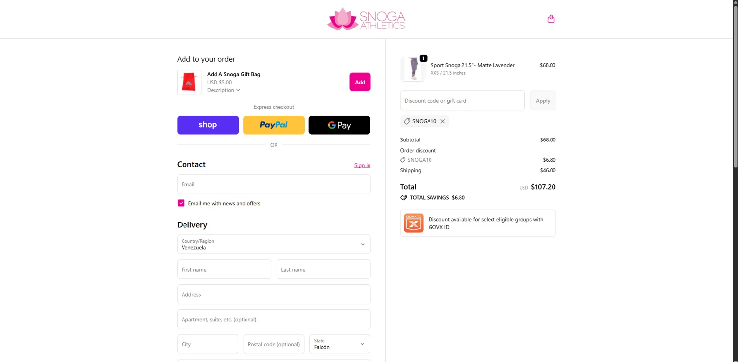 Snoga Athletics checkout page showing Snoga Athletics promo code box | Screenshot taken by SimplyCodes community member on Feb 18, 2026