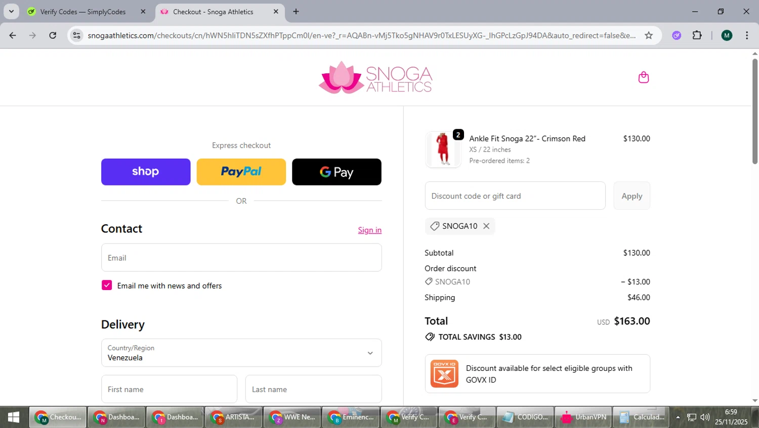 Snoga Athletics promo code screenshot showing code SNOGA10 applied at Snoga Athletics checkout page. Uploaded by SimplyCodes community member suieeloves on Nov 25, 2025