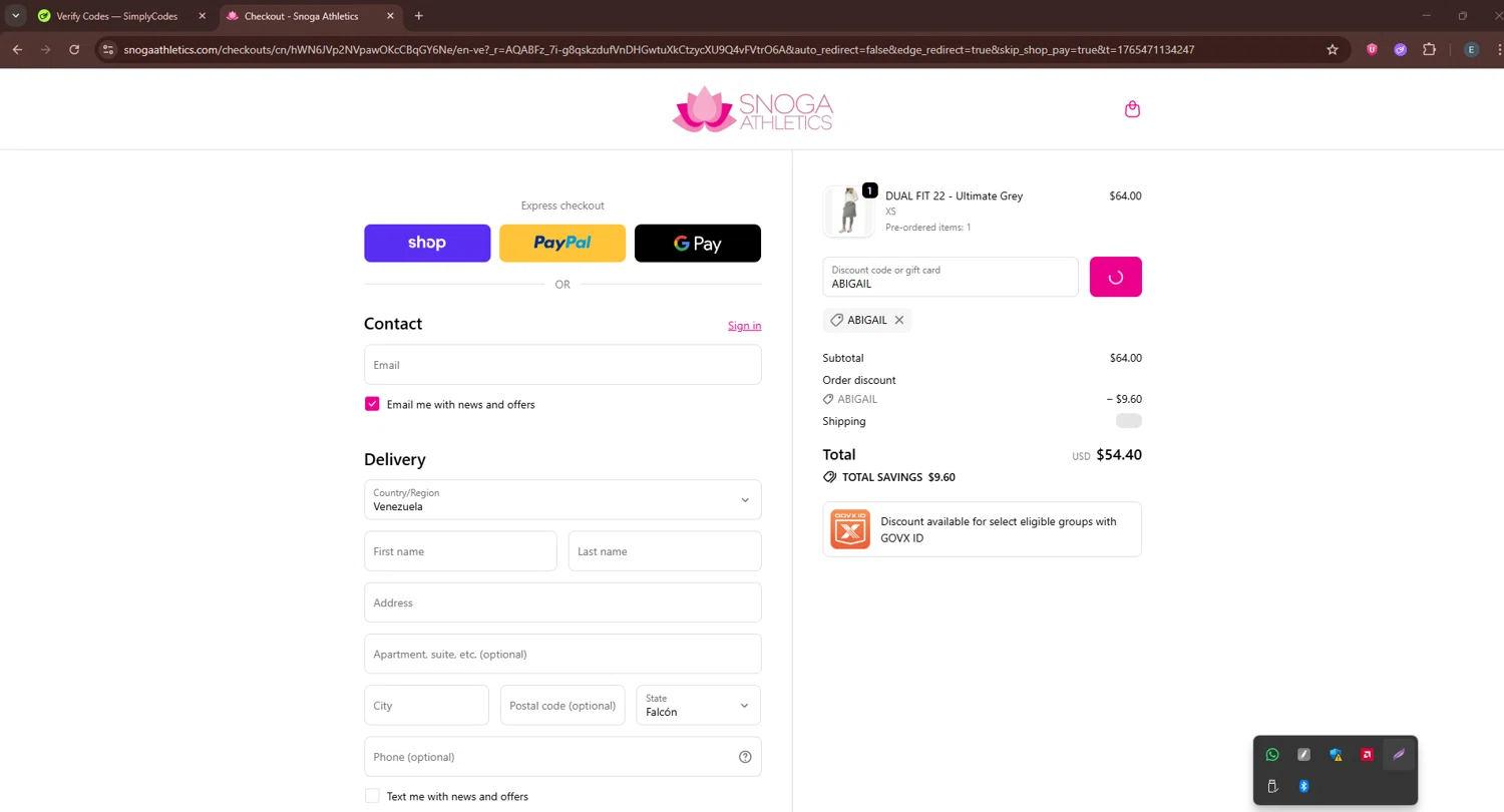 Snoga Athletics promo code screenshot showing code ABIGAIL applied at Snoga Athletics checkout page. Uploaded by SimplyCodes community member GloriousPioneer2942 on Dec 11, 2025