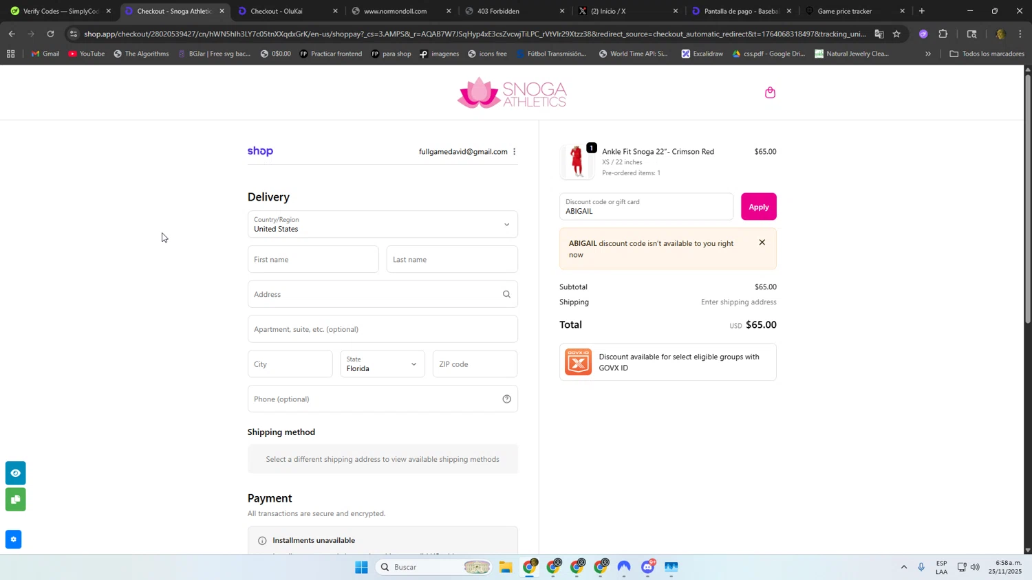 Snoga Athletics promo code screenshot showing code ABIGAIL applied at Snoga Athletics checkout page. Uploaded by SimplyCodes community member DonPollito on Nov 25, 2025