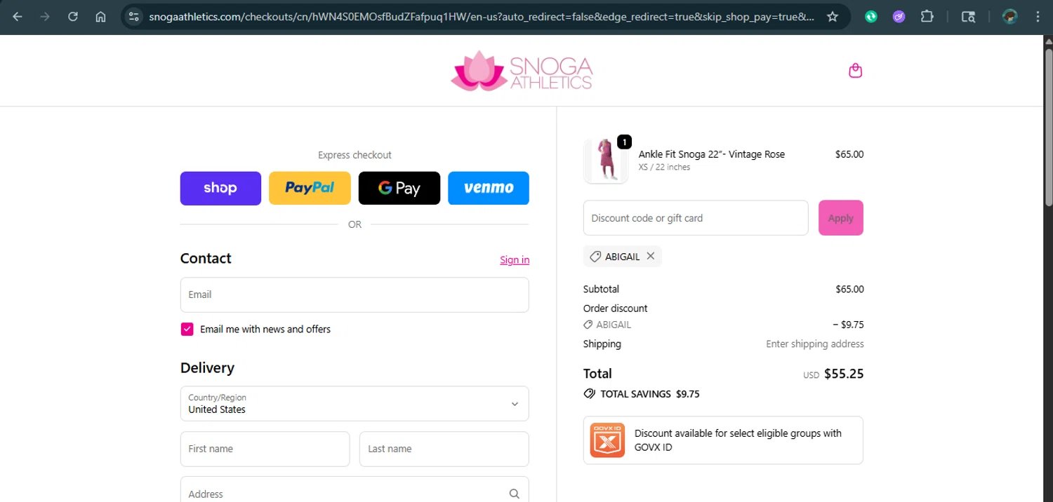 Snoga Athletics promo code screenshot showing code ABIGAIL applied at Snoga Athletics checkout page. Uploaded by SimplyCodes community member xAngel on Oct 23, 2025