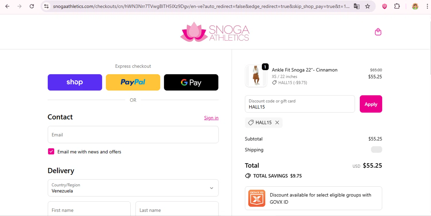Snoga Athletics promo code screenshot showing code HALL15 applied at Snoga Athletics checkout page. Uploaded by SimplyCodes community member laurachirinos on Sep 25, 2025