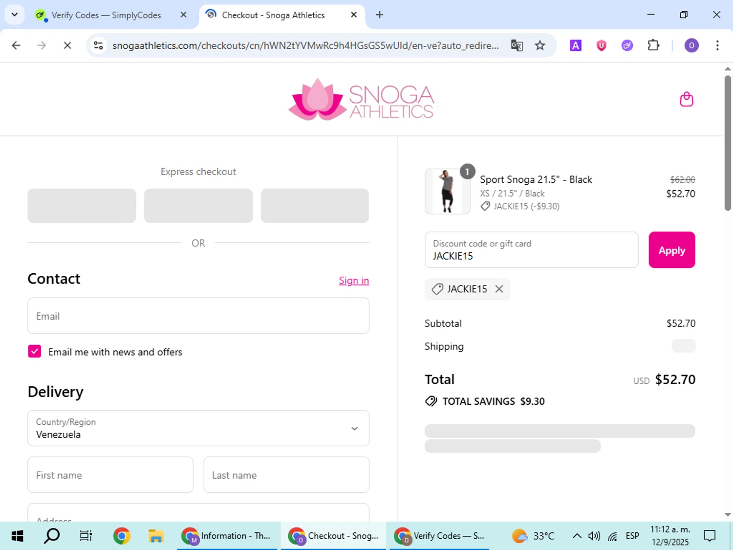 Snoga Athletics promo code screenshot showing code JACKIE15 applied at Snoga Athletics checkout page. Uploaded by SimplyCodes community member BudgetHawk9503 on Sep 12, 2025