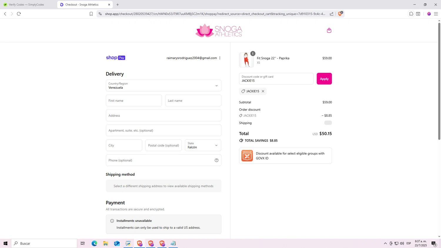Snoga Athletics promo code screenshot showing code JACKIE15 applied at Snoga Athletics checkout page. Uploaded by SimplyCodes community member Machi005 on Jul 23, 2025