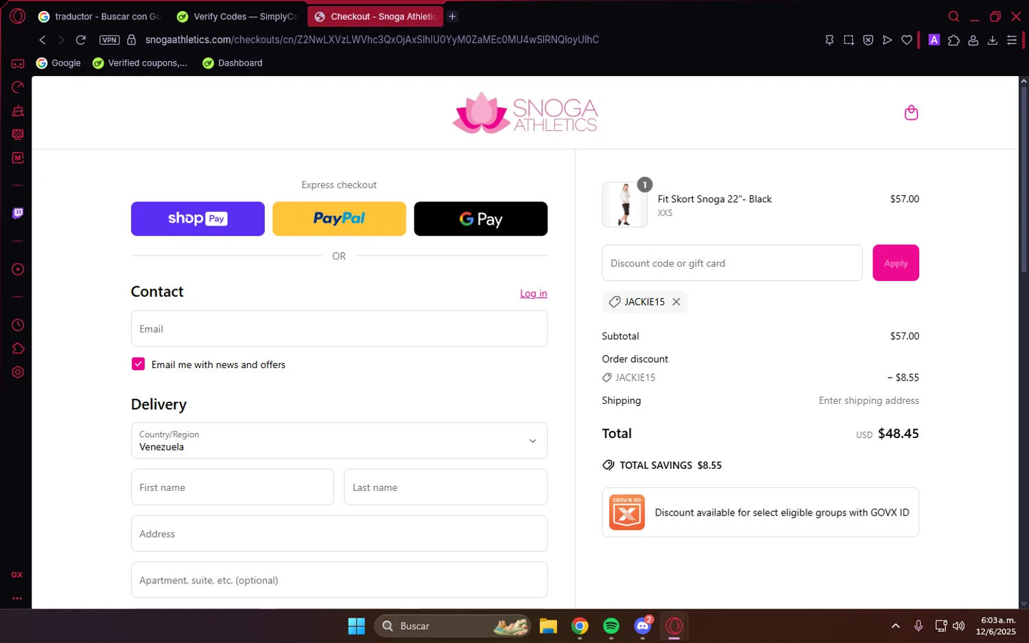 Snoga Athletics promo code screenshot showing code JACKIE15 applied at Snoga Athletics checkout page. Uploaded by SimplyCodes community member PrimeVirtuoso9679 on Jun 12, 2025