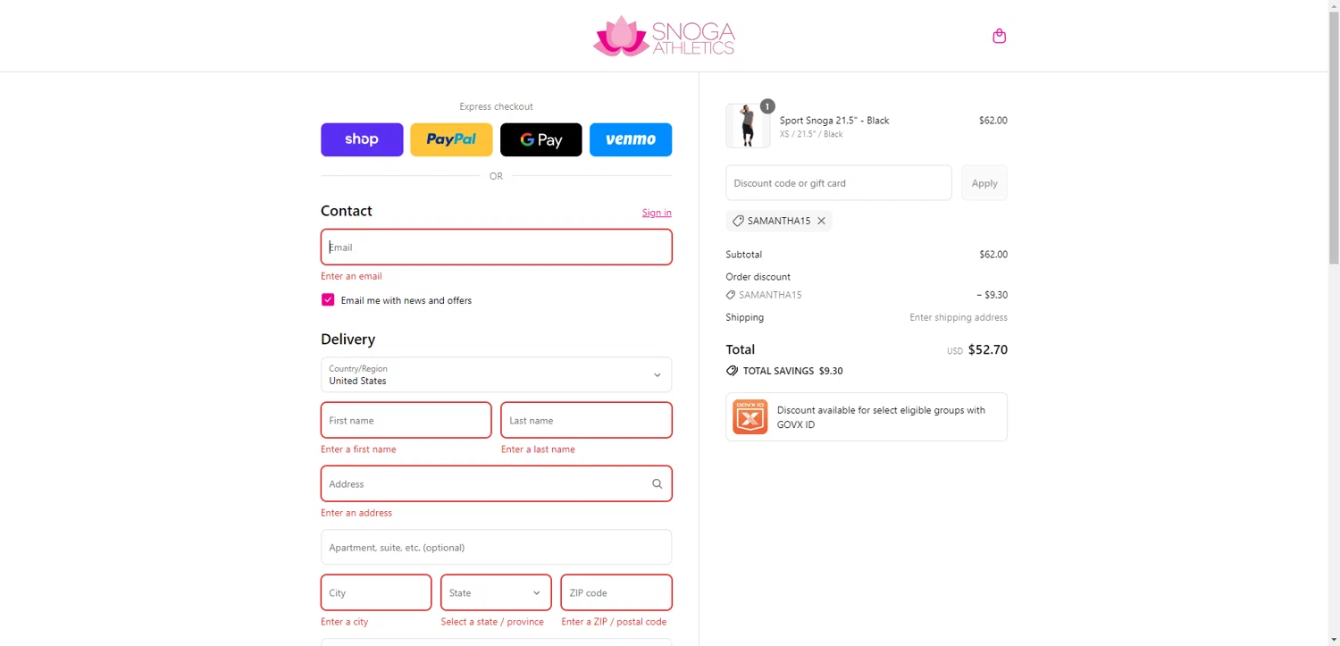 Snoga Athletics promo code screenshot showing code SAMANTHA15 applied at Snoga Athletics checkout page. Uploaded by SimplyCodes community member BrilliantRanger9984 on Sep 12, 2025