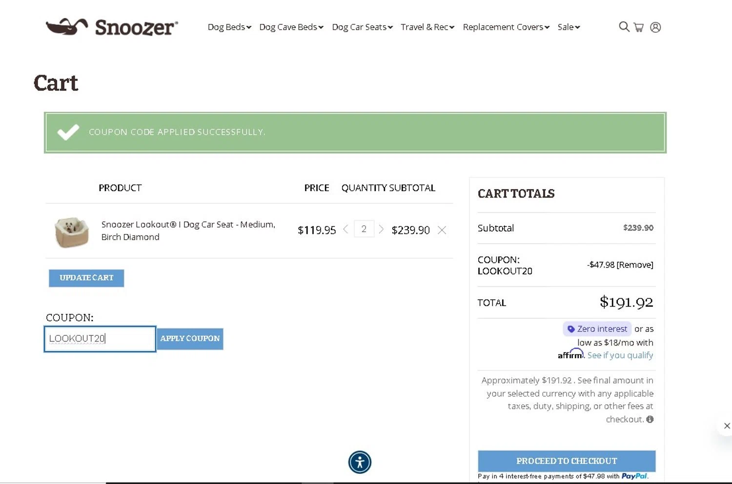 Snoozer Pet Products promo code screenshot showing code LOOKOUT20 applied at Snoozer Pet Products checkout page. Uploaded by SimplyCodes community member LAMINEJAMAL on Jun 16, 2026