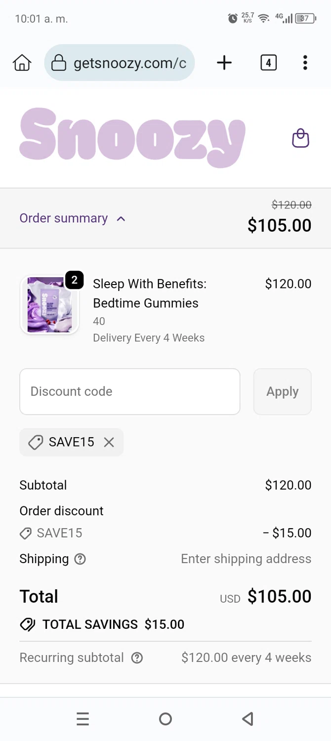 Snoozy Gummy promo code screenshot showing code SAVE15 applied at Snoozy Gummy checkout page. Uploaded by SimplyCodes community member Anthony_Diaz on Nov 20, 2025