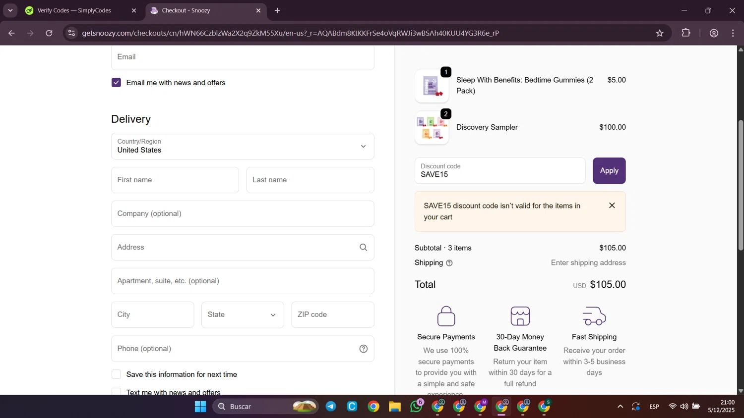 Snoozy Gummy promo code screenshot showing code SAVE15 applied at Snoozy Gummy checkout page. Uploaded by SimplyCodes community member SilverWhiz4145 on Dec 6, 2025
