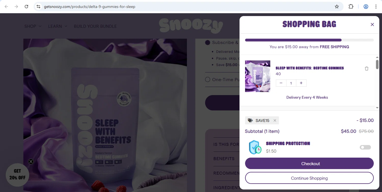 Snoozy Gummy promo code screenshot showing code SAVE15 applied at Snoozy Gummy checkout page. Uploaded by SimplyCodes community member ValiantFox2134 on Nov 30, 2025