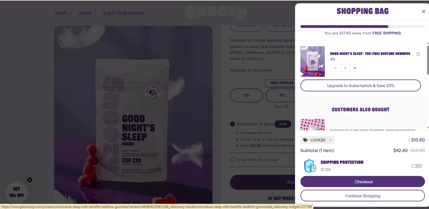 Snoozy Gummy promo code screenshot showing code LOVE20 applied at Snoozy Gummy checkout page. Uploaded by SimplyCodes community member Alydrop on Jan 18, 2026