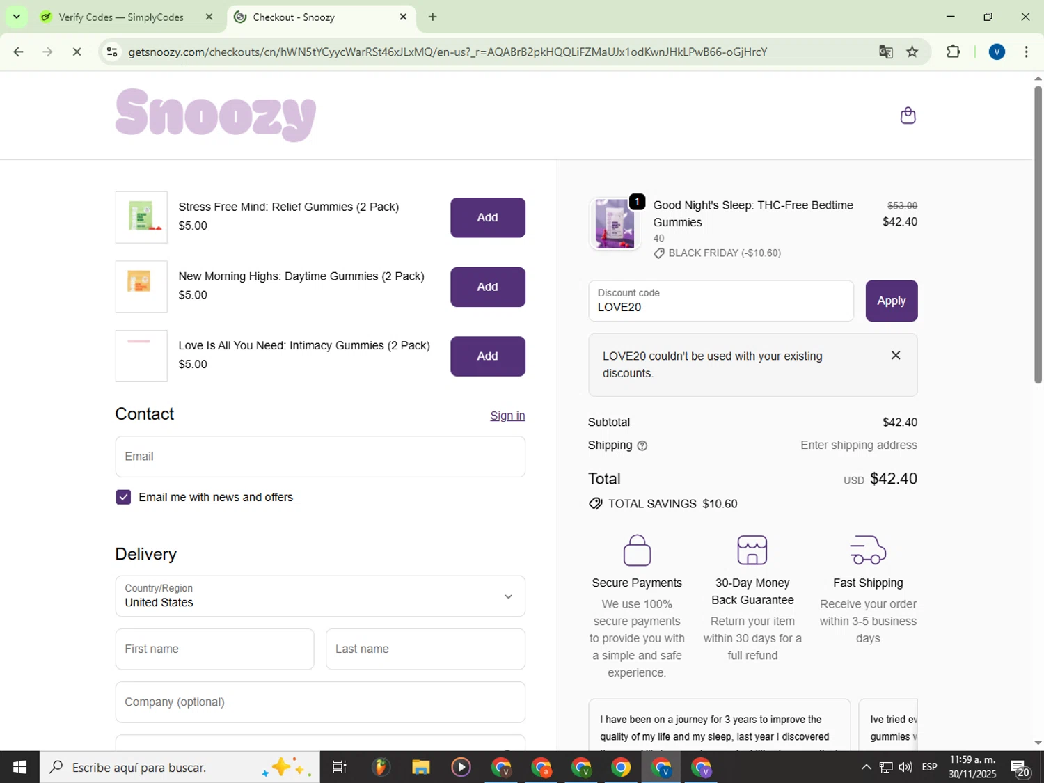 Snoozy Gummy promo code screenshot showing code LOVE20 applied at Snoozy Gummy checkout page. Uploaded by SimplyCodes community member Garou_Y2K on Nov 30, 2025
