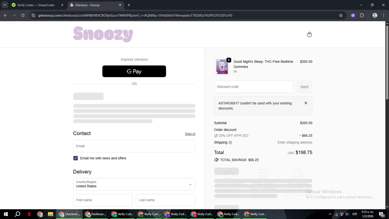 Snoozy Gummy promo code screenshot showing code ASTAR36817 applied at Snoozy Gummy checkout page. Uploaded by SimplyCodes community member ShrewdSeeker6165 on Feb 1, 2026