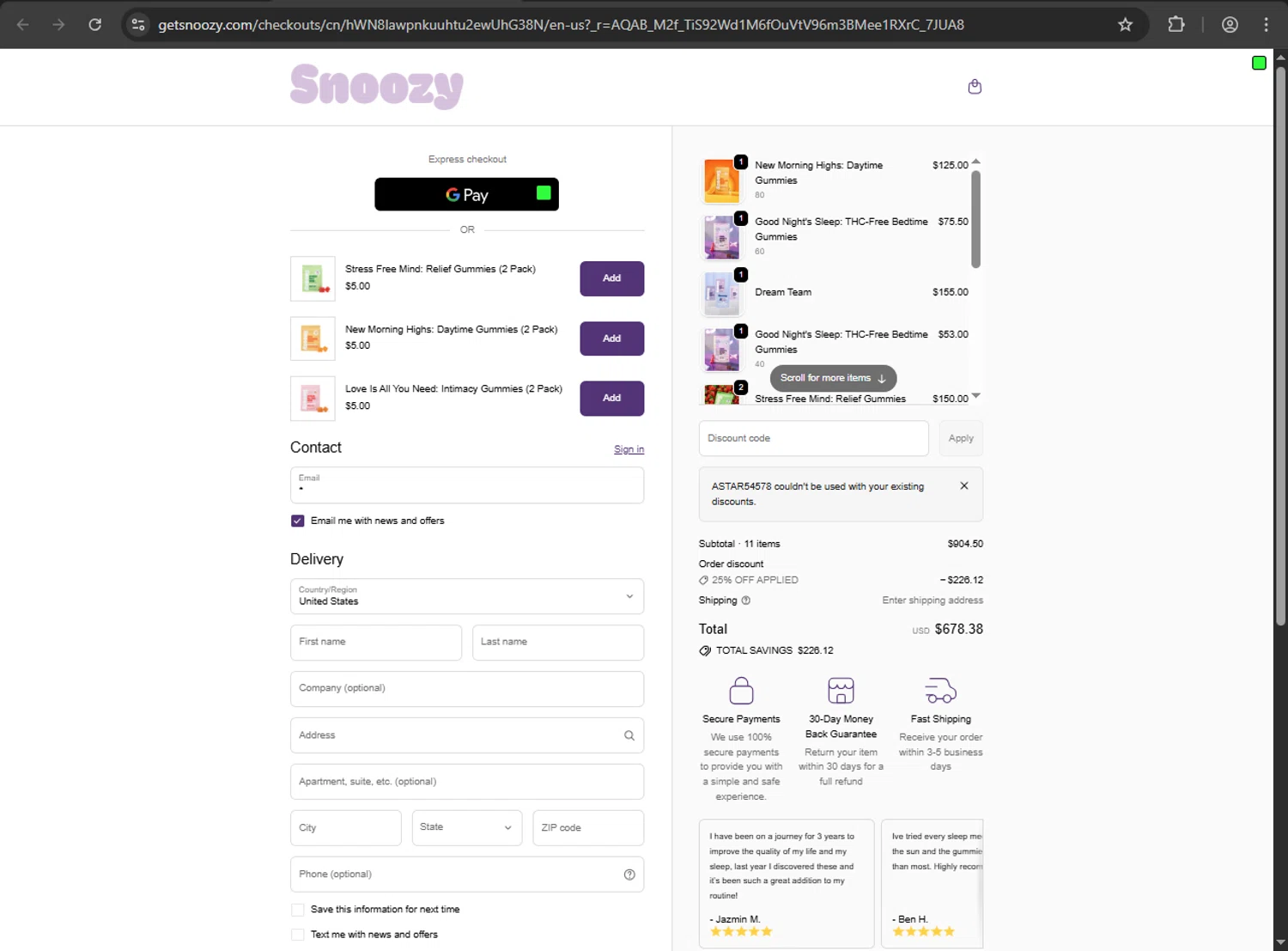 Snoozy Gummy promo code screenshot showing code ASTAR54578 applied at Snoozy Gummy checkout page. Uploaded by SimplyCodes community member ShrewdDefender8496 on Feb 14, 2026