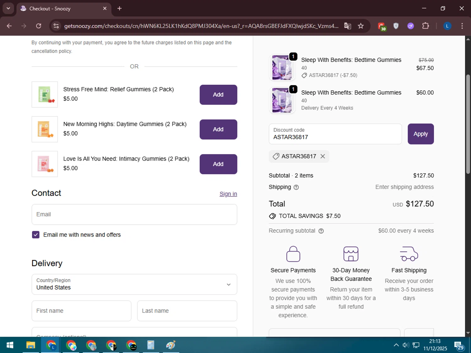 Snoozy Gummy promo code screenshot showing code ASTAR36817 applied at Snoozy Gummy checkout page. Uploaded by SimplyCodes community member LegendaryLegend5536 on Dec 12, 2025